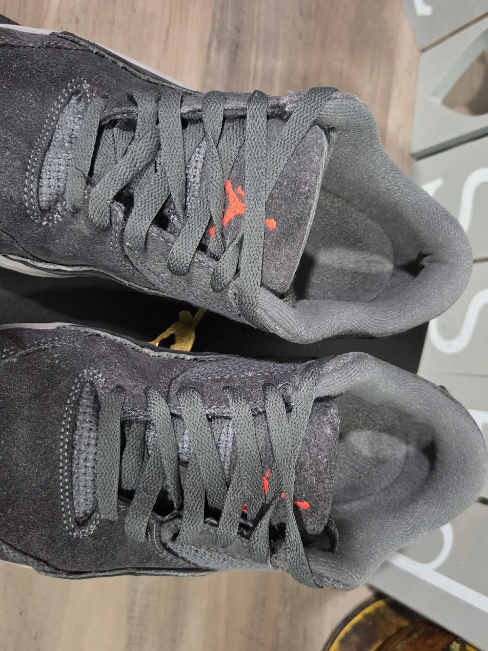 Jordan Men's Charcoal Gray Suede Low-Top Sneakers with Subtle Red Accents